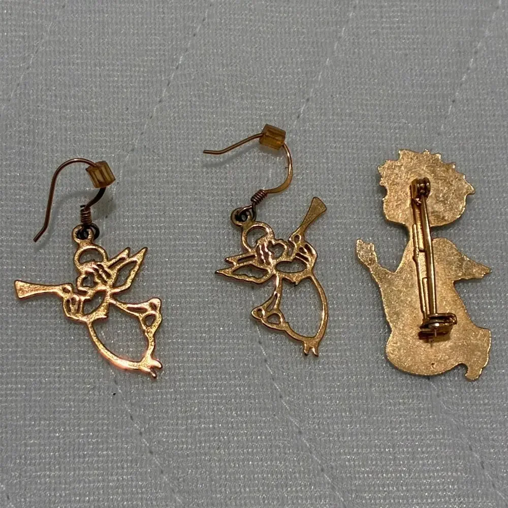 Vintage Christmas Angel Jewelry Lot Gold Tone Trumpet Earrings Angel Brooch